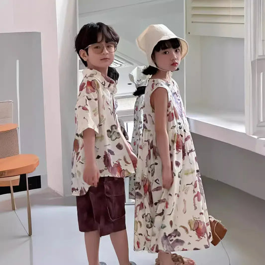 半袖セットアップ キッズトップス/ワンピース ボーイズ半袖シャツ/ガールズノースリーブワンピース プリント柄 リンクコーデ 兄弟姉妹 お揃いコーデ