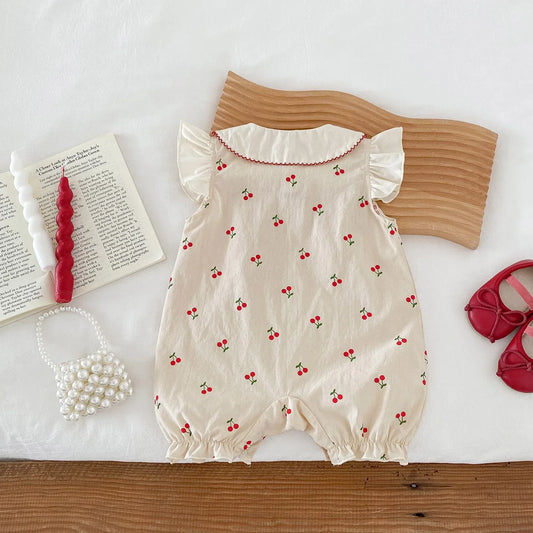 半袖ロンパース ベビーロンパース 半袖ジャンプスーツ チェリーさくらんぼプリント フリル