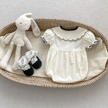 半袖ロンパース ☺︎ ベビーロンパース 半袖ボディスーツ レース刺繍フリルリボン