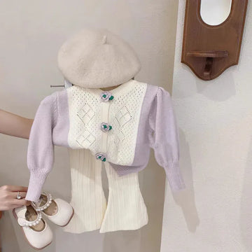 ニット・セーター キッズトップス ニットフレアパンツ フラワー花柄刺繍ニットカーディガンセーター