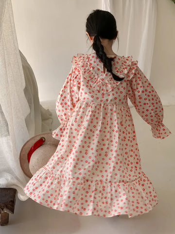長袖ワンピース キッズワンピース 長袖ワンピース フラワー花柄プリント フリル