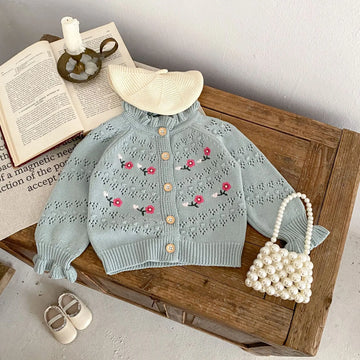 カーディガン・パーカー ベビーカーディガン ニット フラワー花柄刺繍 ジャケット スカイブルー