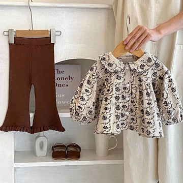 長袖シャツ・ブラウス ベビー長袖ブラウス フレアパンツ 単品 フラワー 花柄プリントトップス 無地ニットパンツ ガールズ 女の子 子供服