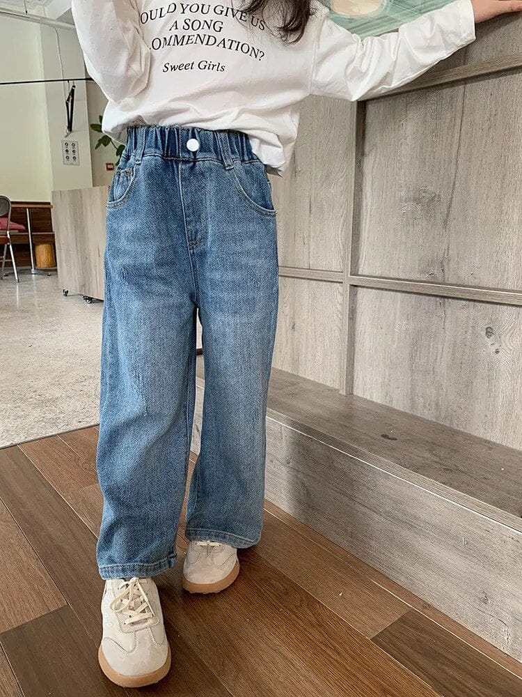 キッズ用ブルーのデニムワイドパンツ、ボタン留めのウエストゴム仕様