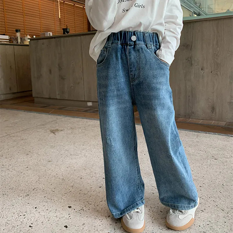 キッズ用ブルーのデニムワイドパンツ、フロントボタン付きウエストゴム