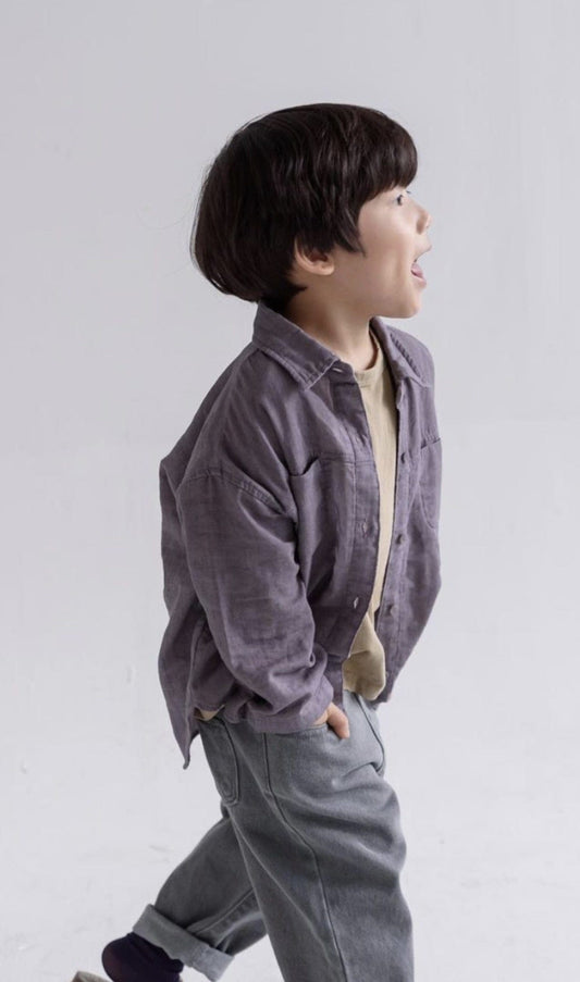長袖シャツ・ブラウス キッズ服 長袖 シャツ トップス コットンリネン シンプル ベーシック 無地 ベージュ 紫 男の子