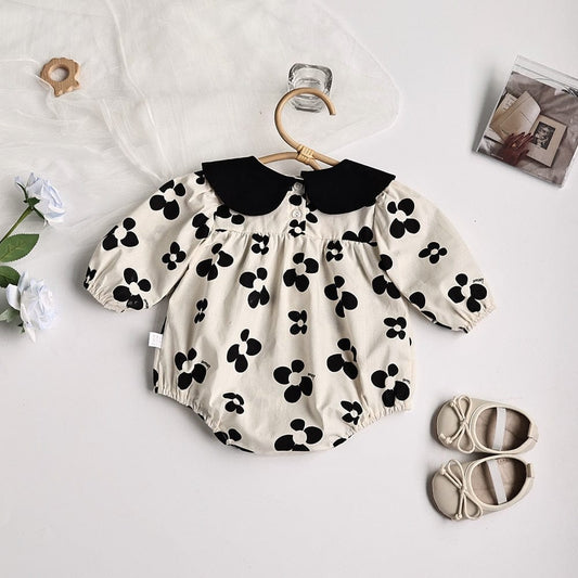 長袖ロンパース ベビー服 ロンパース レトロ フラワー 長袖 リボンヘアバンド セット モノトーン 女の子