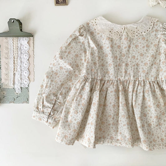 長袖シャツ・ブラウス キッズ フラワー 花柄 レース襟 長袖 チュニック ブラウス トップス