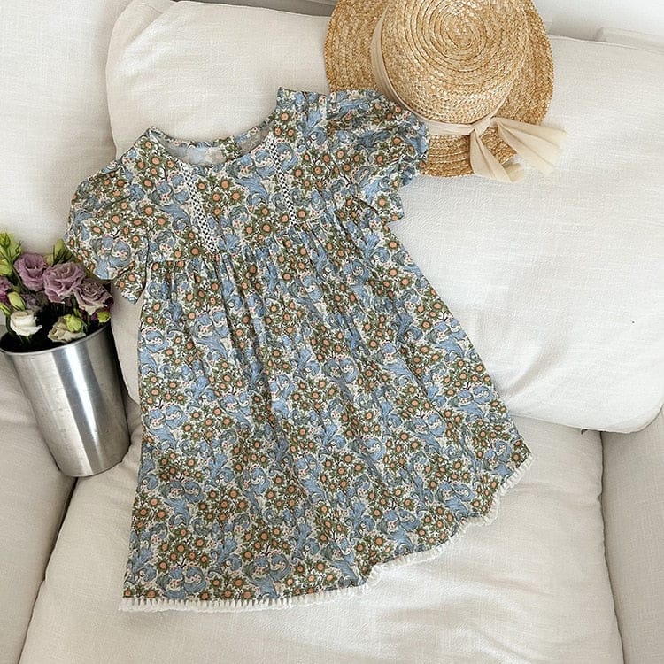 半袖ワンピース キッズ フラワー 花柄 レース 半袖 パフスリーブ ワンピース ガールズ