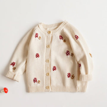 カーディガン・パーカー キッズ ニット 刺繍 きのこ キノコ カーディガン ジャケット ベージュ ガールズ