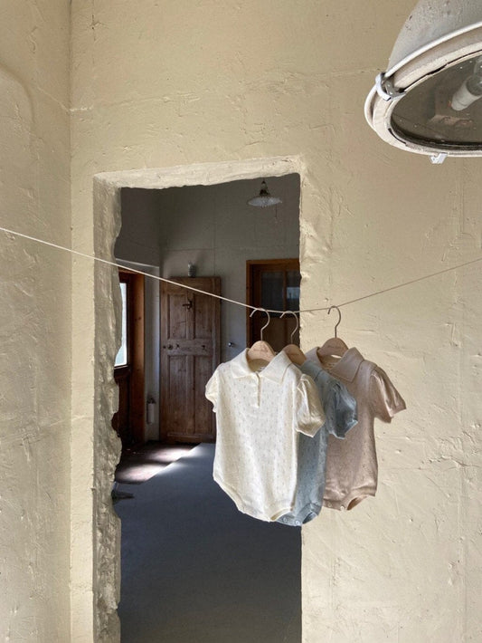 半袖ロンパース ベビー サマー レースニット ポロ襟 半袖 ポロシャツ ロンパース アプリコット ライトパープル ブルー ユニセックス