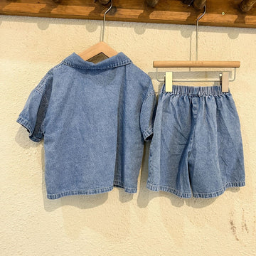半袖セットアップ ☺︎ キッズ デニム セットアップ レターロゴ プリント 半袖 ハーフジップ シャツ トップス ショートパンツ ブルー ボーイズ
