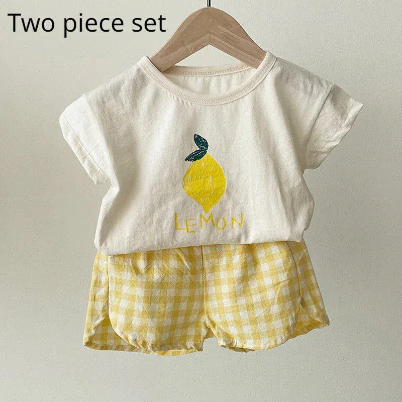 キッズ用レモンプリント半袖Tシャツ&黄の格子柄ショートパンツ