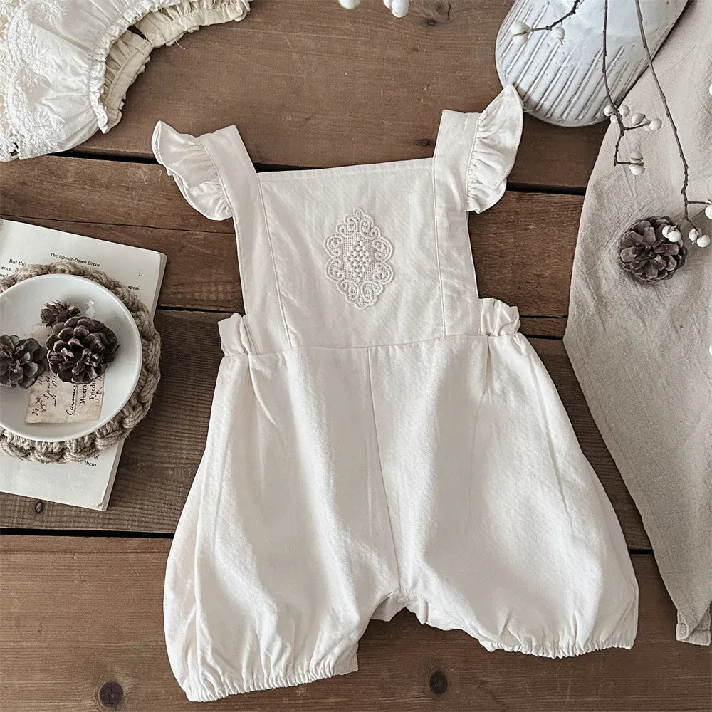 長袖セットアップ 1pcs jumpsuit / 3-6 Months 66cm ベビートップス/ジャンプスーツ ラッフル襟長袖ブラウス/ショルダーフリルレース刺繍ノースリーブロンパース【mh0008845】