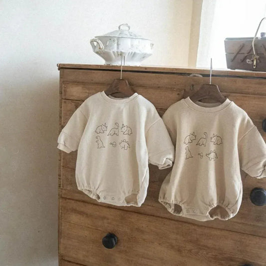 長袖ロンパース ベビーロンパース ダイナソー恐竜プリント長袖ボディスーツ 2カラー