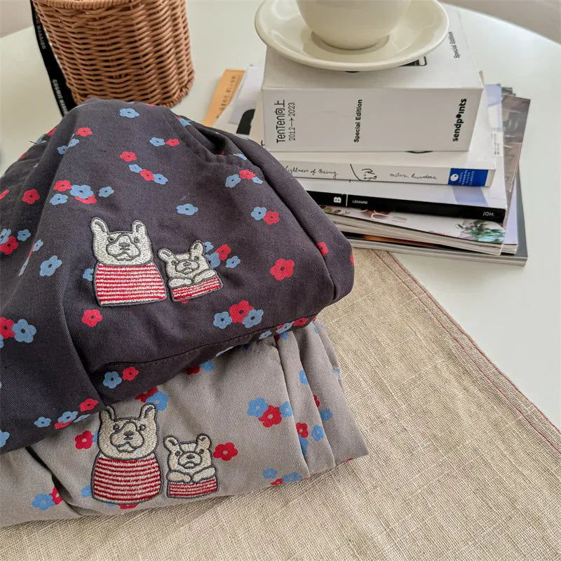 ロングパンツ・スウェットパンツ キッズパンツ ベアくま刺繍レトロフラワープリントロングルーズハーレムパンツ 2カラー