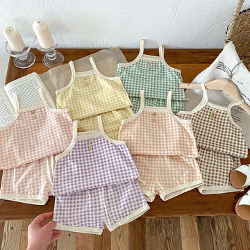 ノースリーブセットアップ ☺︎ ベビーセットアップ 2点セット キャミソールトップス+ショートパンツ チェック インナーウェア