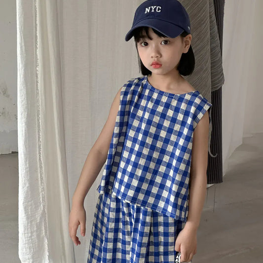 ノースリーブセットアップ ☺︎ キッズセットアップ 2点セット ノースリーブブラウス+ワイドレッグパンツ チェック ブルー
