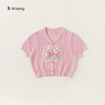 カーディガン・パーカー キッズトップス レースニット 半袖カーディガン レースフラワー刺繍 襟付きジャケット 2カラー