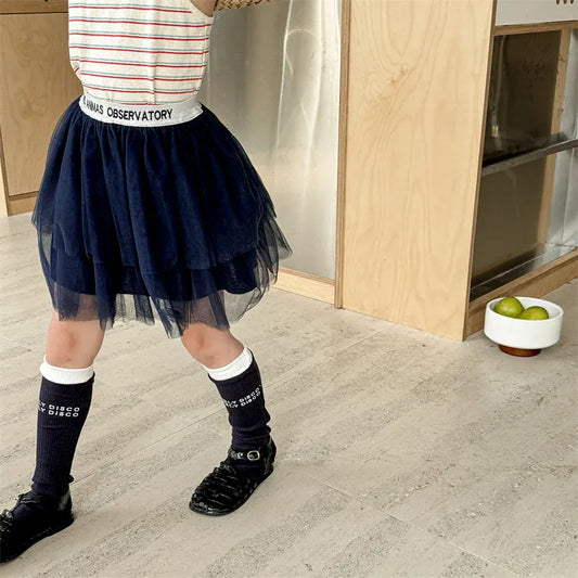 スカート キッズスカート チュチュ チュールスカート ティアードスカート レターロゴウエスト 2カラー