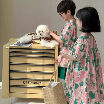 半袖セットアップ キッズセットアップ 2点セット/ワンピース ボーイズ半袖シャツ+ショートパンツ/ガールズ半袖ワンピース リゾートフラワープリント リンクコーデ 兄弟姉妹 お揃いコーデ