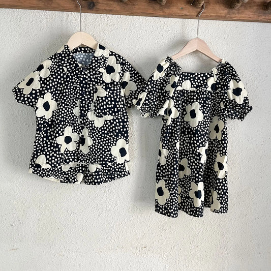 半袖セットアップ キッズセットアップ 2点セット/ワンピース ボーイズ半袖シャツ+ショートパンツ/ガールズ半袖パフスリーブワンピース 北欧風フラワープリント リンクコーデ 兄弟姉妹 お揃いコーデ