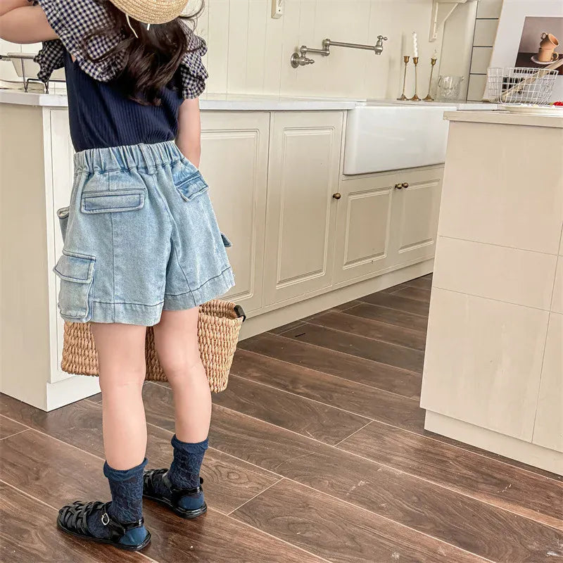 ハーフパンツ・ショートパンツ キッズパンツ デニム カーゴ ポケット ショートパンツ 2カラー