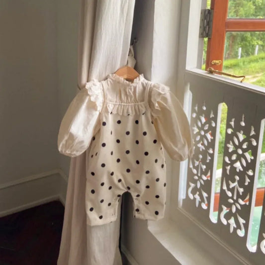 サロペットパンツ・サスペンダーパンツ ベビーサロペット キャミソールジャンプスーツ レースフリル ドット水玉プリント 2カラー