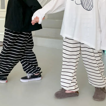 ロングパンツ・スウェットパンツ キッズパンツ ボーダー柄 ルーズロングパンツ ブラック/ホワイト2カラー