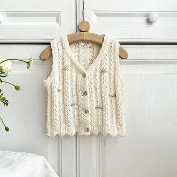 ベスト キッズベスト レースニット 前あきベスト ノースリーブトップス フラワー花柄刺繍 ベージュ/スカイブルー/2カラー