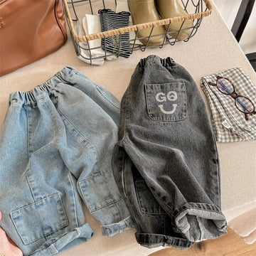 デニムパンツ キッズパンツ デニムパンツ ジーンズ パッチワークルーズパンツ ジーンズ ブルー/ブラック/2カラー