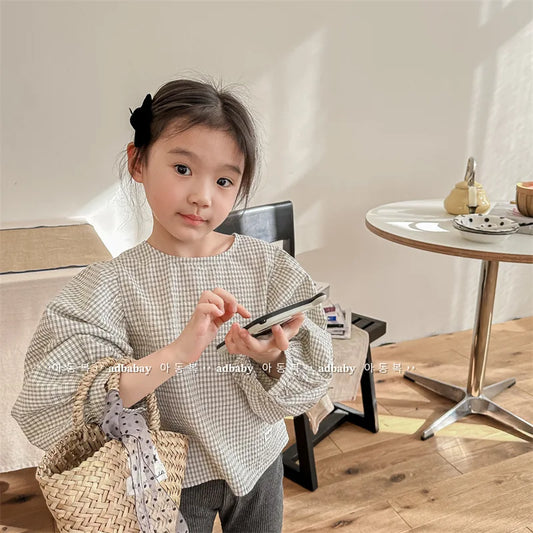 長袖シャツ・ブラウス キッズトップス 長袖パフスリーブブラウス チュニック チェック柄 ベージュ/ブルー/2カラー