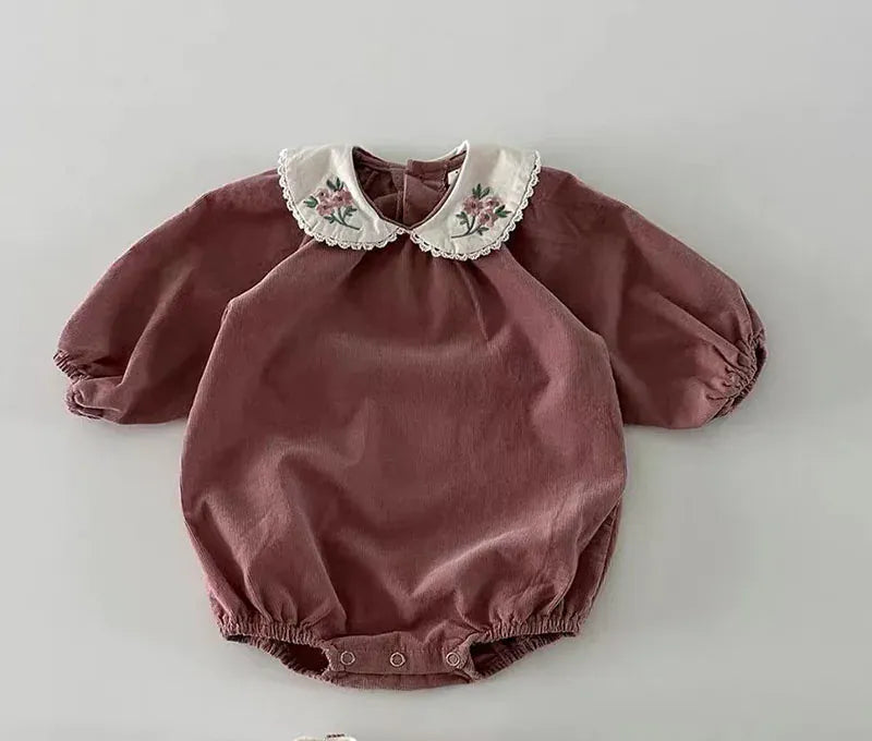 長袖ロンパース ベビー長袖ロンパース フラワー 花柄刺繍 丸襟ボディスーツ 2カラー ガールズ 女の子 子供服