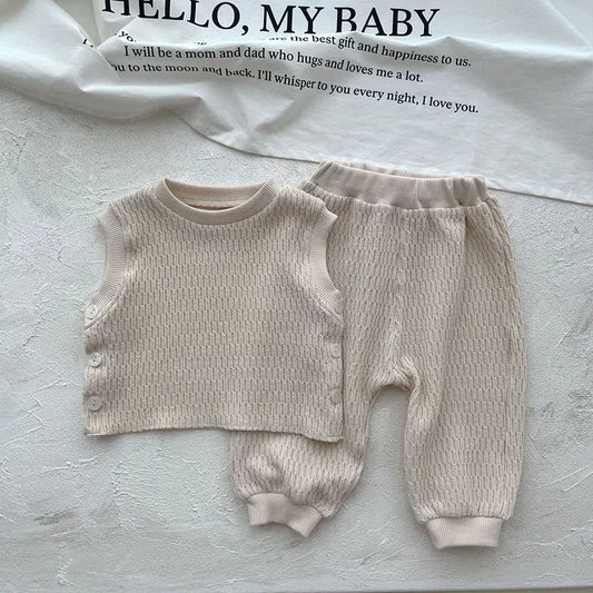 ノースリーブセットアップ ベビーセットアップ 2点セット ニットベスト ロングパンツ ベージュ ボーイズ 男の子 子供服