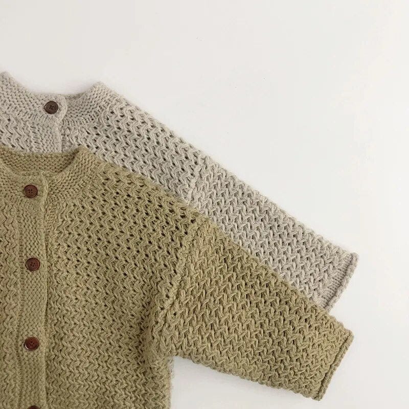 キッズ用ニットカーディガン カーキ 袖とボディのざっくり編み