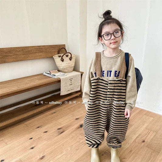サロペットパンツ・サスペンダーパンツ キッズ フリースサロペットパンツ サスペンダーパンツ ボーダー ブルー コーヒー 2カラー ユニセックス 男の子 女の子 子供服