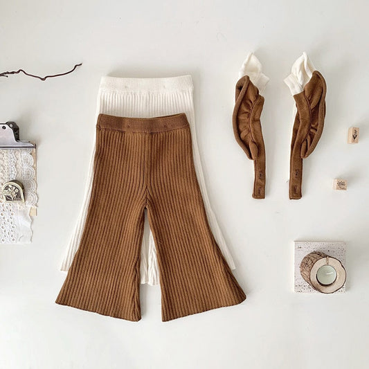 サロペットパンツ・サスペンダーパンツ ベビー キッズ サスペンダーパンツ ニット フリルショルダー サロペットパンツ ワイド フレアパンツ ベージュ ブラウン 2カラー ガールズ 女の子 子供服