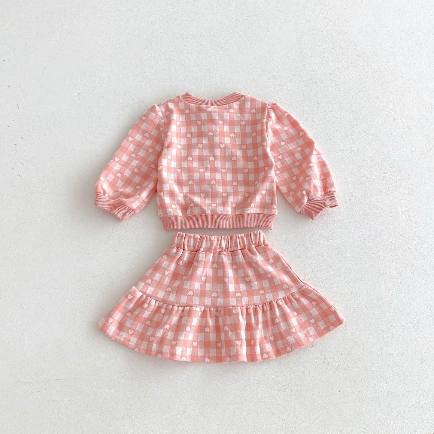 長袖セットアップ キッズセットアップ 2点セット ハートチェック長袖カーディガントップス+スカート 2カラー