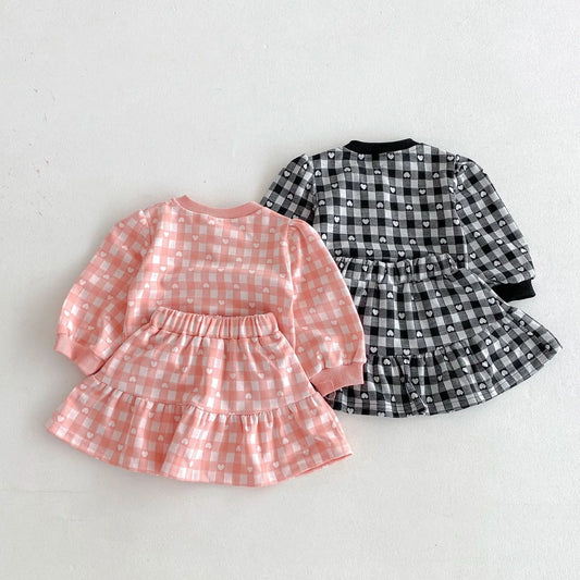 長袖セットアップ キッズセットアップ 2点セット ハートチェック長袖カーディガントップス+スカート 2カラー