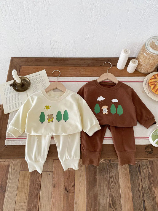 長袖セットアップ ベビーキッズセットアップ 2点セット ハイキングくまさんプリント長袖スウェットシャツ+ロングスウェットパンツ 2カラー