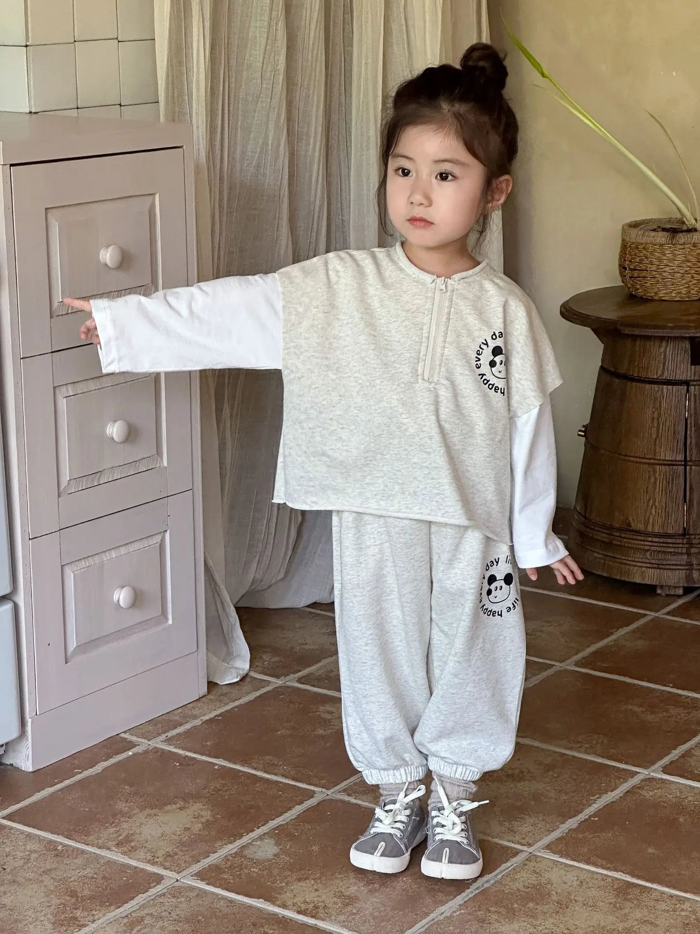 長袖セットアップ キッズセットアップ 2点セット 長袖ドッキングジッパーシャツ+ロングスウェットパンツ ワンポイントプリント 2カラー