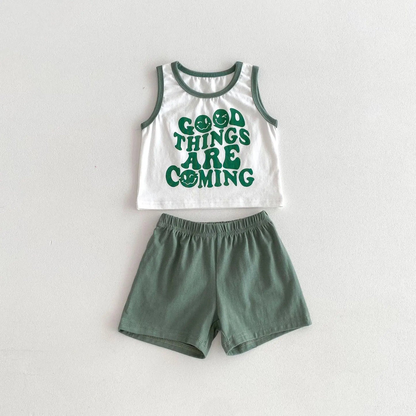 ノースリーブセットアップ キッズセットアップ 2点セット タンクトップ+ショートパンツ レターロゴプリント 2カラー