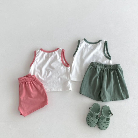 ノースリーブセットアップ キッズセットアップ 2点セット タンクトップ+ショートパンツ レターロゴプリント 2カラー