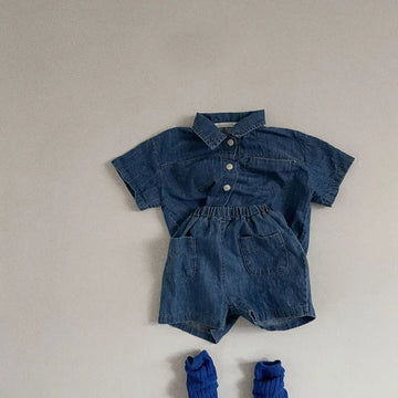 半袖セットアップ ベビーキッズセットアップ 2点セット デニム 半袖シャツ+ショートパンツ 2カラー