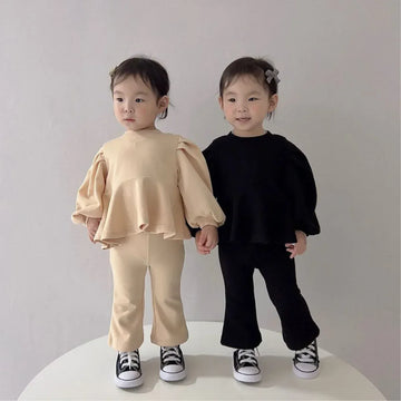 長袖セットアップ ベビーセットアップ 2点セット パフスリーブトップス + フレアパンツ ブラック/アプリコット/2カラー