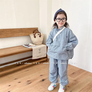 長袖セットアップ キッズ セットアップ 2点セット ウィンドブレーカー ハーフジップトップス パンツ チェック ダークブルー ライトブルー 2カラー ボーイズ 男の子 子供服