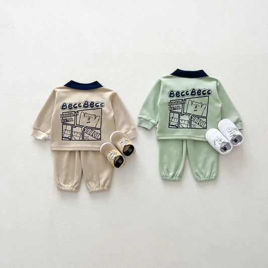 長袖セットアップ ベビーキッズセットアップ 2点セット バックプリント長袖ポロシャツ+ロングパンツ 2カラーベビーキッズセットアップ 2点セット バックプリント長袖ポロシャツ+ロングパンツ 2カラー【mh0007225】