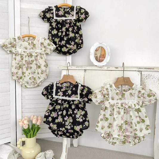 半袖セットアップ ベビーロンパース/セットアップ 2点セット 半袖ボディスーツ/半袖ブラウス+ブルマパンツ フラワー花柄プリント 2カラー【mh0004870】
