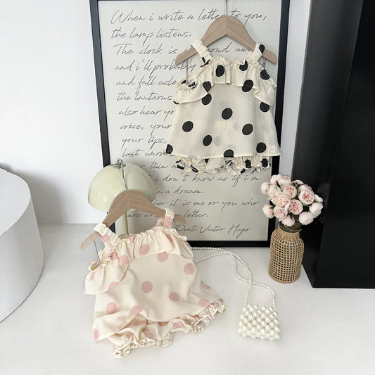 ノースリーブセットアップ ベビーセットアップ 2点セット キャミソールチュニックブラウス+フリルショートパンツ 水玉コインドットプリント 2カラー【mh0006198】