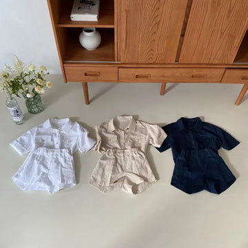 半袖セットアップ キッズセットアップ 2点セット 半袖サファリシャツ+ショートパンツ シンプルベーシック 3カラー